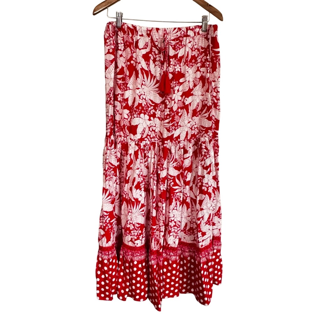 Solitaire Red White Floral Polka Dot Tiered Maxi Skirt‎ XL Boho Coastal Grandma